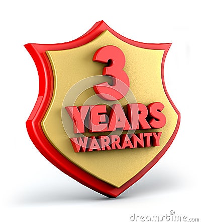 Three years warranty text on golden red shield background. 3d illustration. Cartoon Illustration