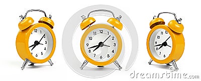 Three yellow alarm clock over white Stock Photo