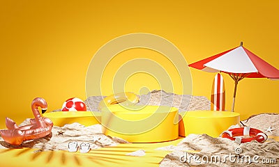 Three Yellow Podium Product Display Summer Concept Sand 3D Rendering Stock Photo