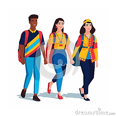 Three young adults in colorful casual wear walking together, African man, two Caucasian women, smiling, friendship Vector Illustration