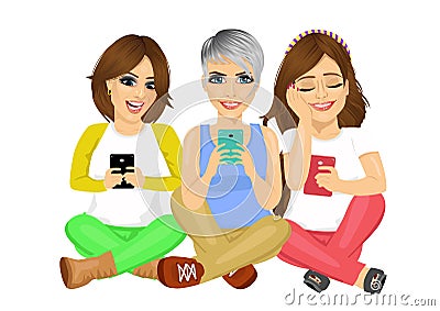 Three young attractive women sitting on floor using their smartphones smiling happy Vector Illustration