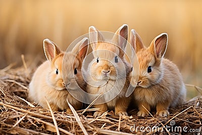 Three young baby bunnies in hay Stock Photo