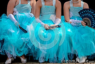 Three young ballerinas in turquise tutu dresses Stock Photo