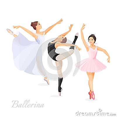 Three young ballet dancers standing in pose flat design Vector Illustration