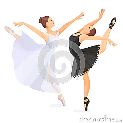 Three young ballet dancers standing in pose flat design Vector Illustration