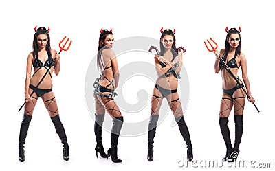 Three young brunettes in erotic devil costumes Stock Photo