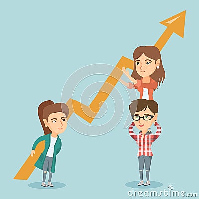 Three young business women holding growth graph. Vector Illustration