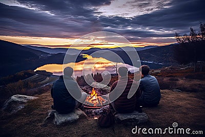 Three young campers gathered around a crackling campfire Stock Photo