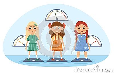 Three young girls being weighed on scales Cartoon Illustration