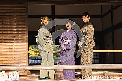 three young Japanese women in traditional Kimono clothes Editorial Stock Photo