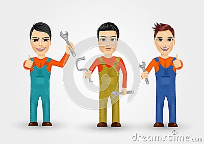 Three young plumbers dressed in work clothes Vector Illustration