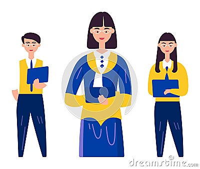 Three young professional women, smiling, wearing glasses and office attire, holding folders. Professional team Vector Illustration
