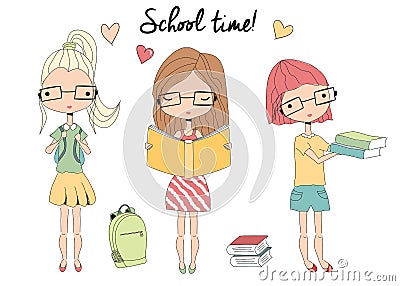 Three young school girls with glasses, school bag, books Vector Illustration