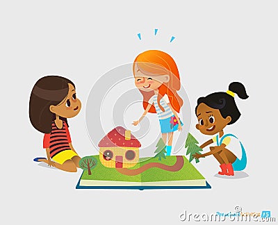 Three young smiling girls sit on floor, talk and play with pop-up book. Children`s entertainment and preschool Vector Illustration