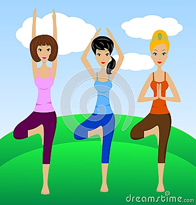 Three young women do physical exercises Vector Illustration