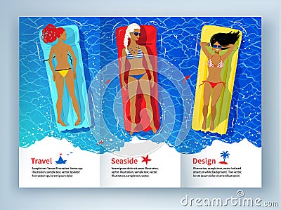 Three young women floating on pool rafts Vector Illustration