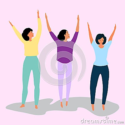 Three young women raising their hands. Exercising. Vector illustration Vector Illustration