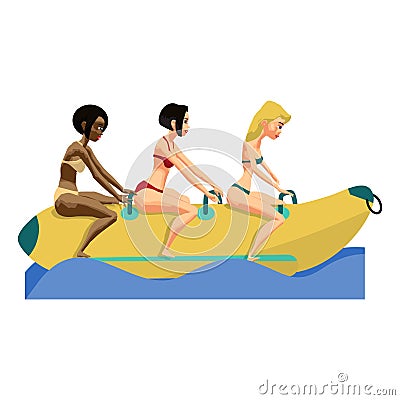 Three young women ride a banana. Girls in the summer on the beach. Flat isolated vector illustration Vector Illustration