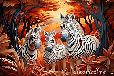 three zebras standing in the forest at sunset Stock Photo