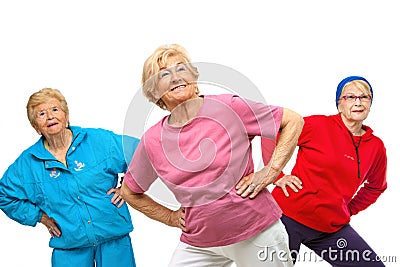 Threesome senior women getting fit. Stock Photo