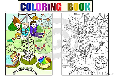 Thrill from a free fall from this tower. Color book black lines on a white background. Coloring, black and white Vector Illustration