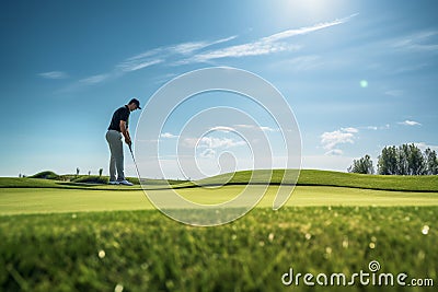 The Thrill of Lining Up a Putt with a Bright Sky Overlooking the Green Course Landscape Stock Photo