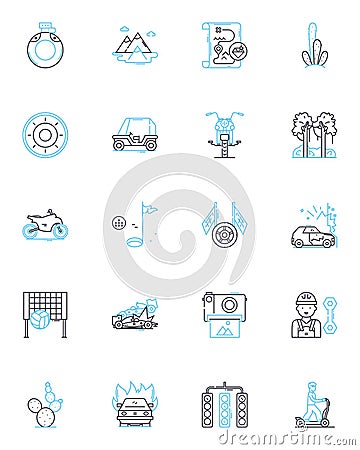 Thrill-seeking trip linear icons set. Adventure, Excitement, Adrenaline, Rush, Thrill, Danger, Fear line vector and Vector Illustration