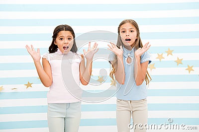 Thrilled moment from childhood. Kids schoolgirls preteens shocked. Girls surprised shocked faces thrilled expression Stock Photo