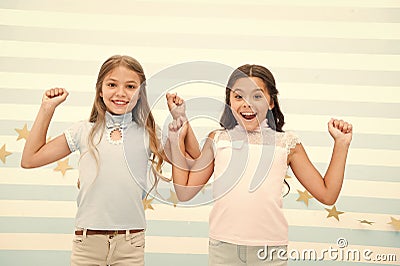 Thrilled moments together. Kids schoolgirls preteens happy together. Girls smiling happy faces excited expression stand Stock Photo