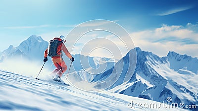 Thrilled skier descends alpine slope amidst stunning landscape and blue sky, with ample text space Stock Photo