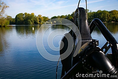 Thriller seeker`s jet pack for jet lev or jet levitation waits by the lakeside. Stock Photo