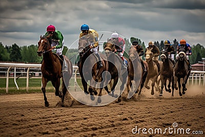 Thrilling Horse Racing Action: Powerful Horses Competing on the Track - Generative AI Stock Photo