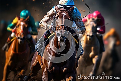 Thrilling horse racing, jockeys and horses compete for lead position Stock Photo