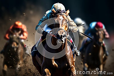 Thrilling horse racing, jockeys and horses compete for lead position Stock Photo