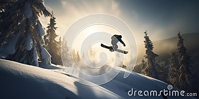 A thrilling image of a snowboarder soaring through the air, highlighting the fearlessness and skill of extreme winter Stock Photo