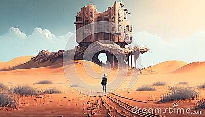 A thrilling journey through the desert leads to a mysterious building in an evocative illustration Cartoon Illustration