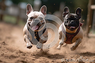 Ai Generative French bulldogs running in a race, selective focus on the dog Stock Photo