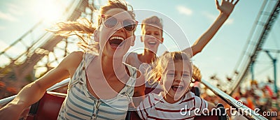 Thrilling Rollercoaster Ride A Happy Mother And Her Children Share Joyful Summer Moments Stock Photo