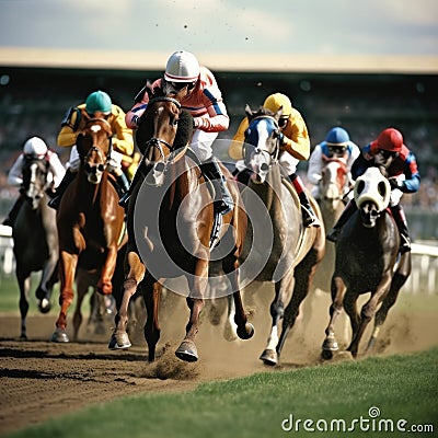 A thrilling shot of jockeys and their horses thundering past the finish line at a racetrack Stock Photo