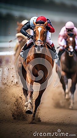 A thrilling shot of jockeys and their horses thundering past the finish line at a racetrack Stock Photo