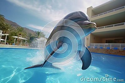 Thrilling showstopper, dolphin's captivating high-flying antics in the pool Stock Photo