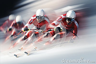 Thrilling Winter Adventure. Skier Speeding Downhill on Skis, Exuding Energy and Excitement Stock Photo