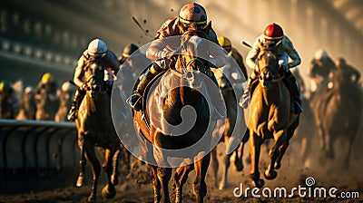 The Thrilling World of Horse Racing. Jockeys on the Fast Track of the Racecourse. Generative AI Stock Photo