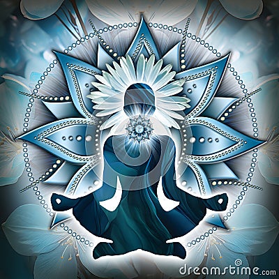 Throat chakra meditation in yoga lotus pose, in front of Vishuddha chakra symbol and mystic petals. Stock Photo