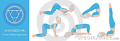 Throat Chakra Yoga poses. Elderly woman practicing Vishudha Chakra Yoga asana. Healthy lifestyle. Flat cartoon character Vector Illustration