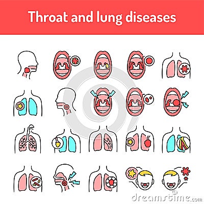 Throat and lung diseases color line icons set. Pictograms for web page, mobile app, promo Stock Photo