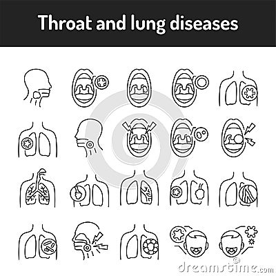 Throat and lung diseases color line icons set. Pictograms for web page, mobile app, promo. Vector Illustration