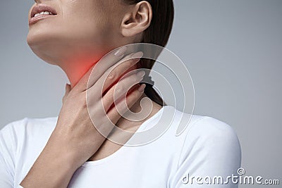 Throat Pain. Closeup Woman With Sore Throat, Painful Feeling Stock Photo