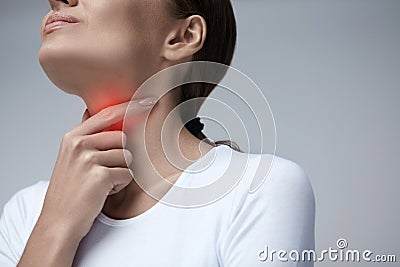 Throat Pain. Closeup Woman With Sore Throat, Painful Feeling Stock Photo