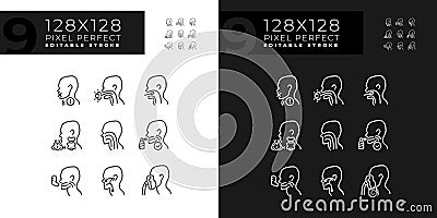 Throat problem diagnostics pixel perfect linear icons set for dark, light mode Vector Illustration